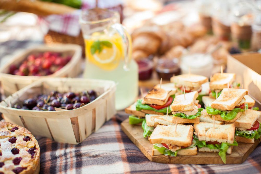サンドイッチやレモネード、果物が並んだピクニックの様子