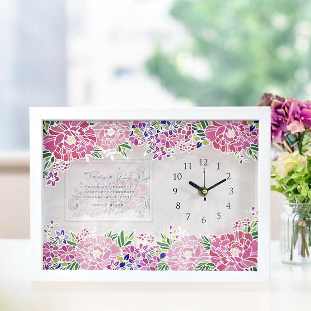 お花プリントフォトフレーム時計(メッセージ付)「牡丹」