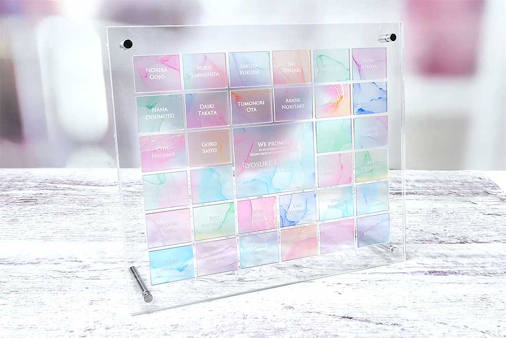 おしゃれなアルコールインクアート柄のゲスト参加型アクリル結婚証明書